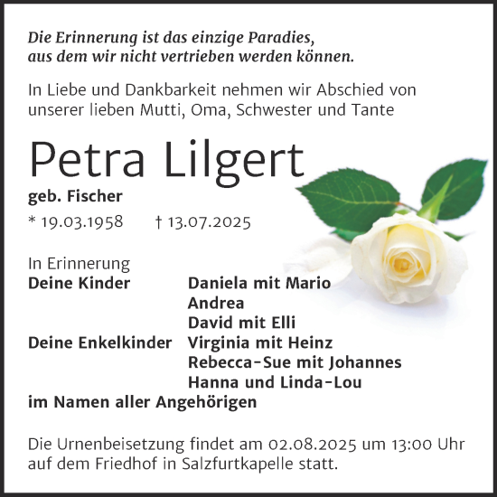 Traueranzeige von Petra Lilgert von Trauerkombi Bitterfeld