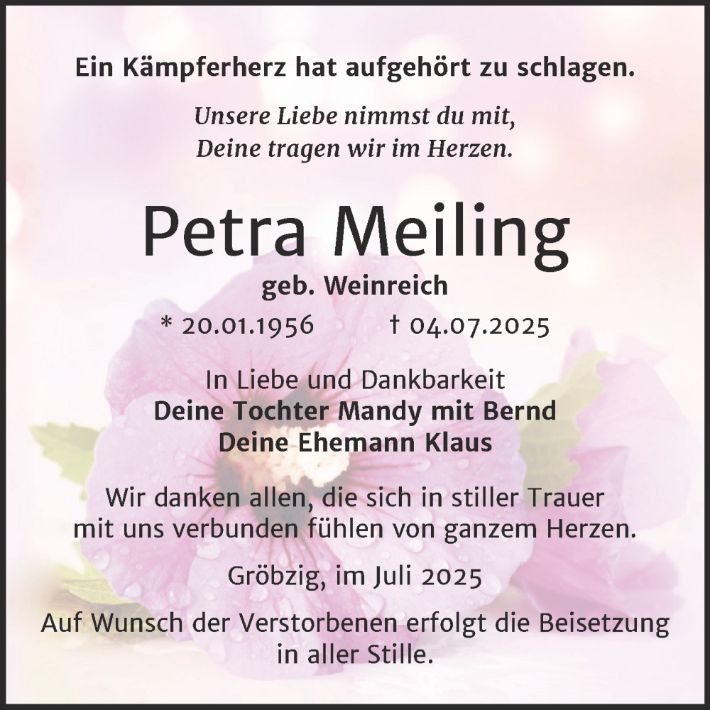  Traueranzeige für Petra Meiling vom 17.07.2025 aus Trauerkombi Köthen