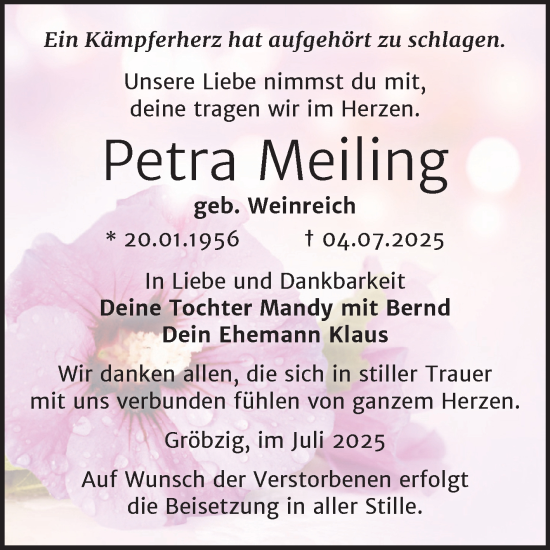 Traueranzeige von Petra Meiling von Trauerkombi Köthen