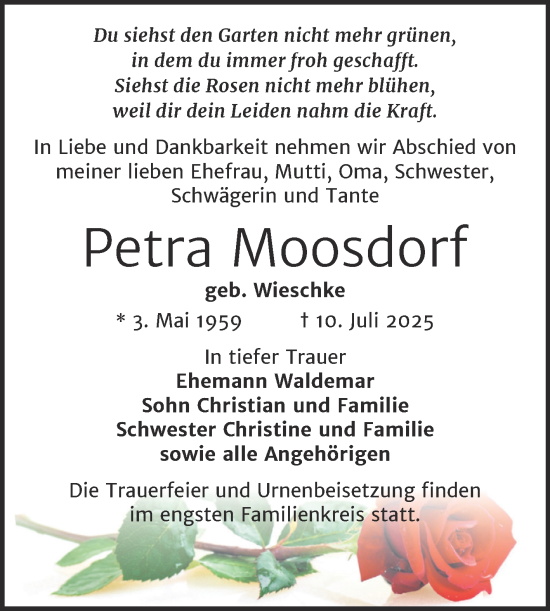 Traueranzeige von Petra Moosdorf von Trauerkombi Köthen