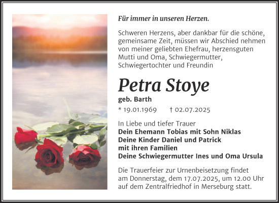 Traueranzeige von Petra Stoye von Trauerkombi Merseburg