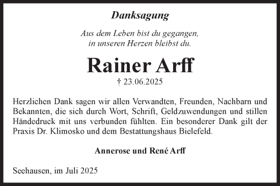 Traueranzeige von Rainer Arff von Volksstimme Altmark Ost