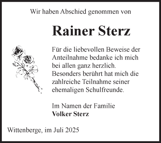 Traueranzeige von Rainer Sterz von Volksstimme Burg/Genthin