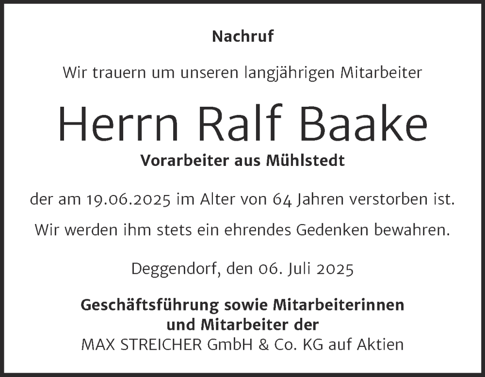  Traueranzeige für Ralf Baake vom 05.07.2025 aus Mitteldeutsche Zeitung Dessau-Roßlau