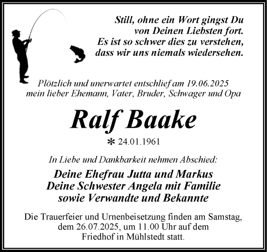 Traueranzeige von Ralf Baake von Trauerkombi Dessau
