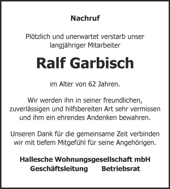 Traueranzeige von Ralf Garbisch von Mitteldeutsche Zeitung Halle/Saalkreis
