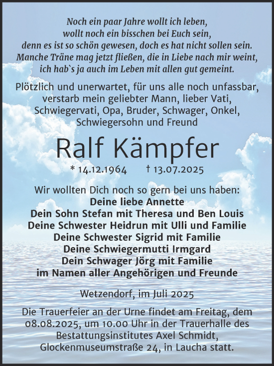 Traueranzeige von Ralf Kämpfer von Super Sonntag Naumburg/Nebra