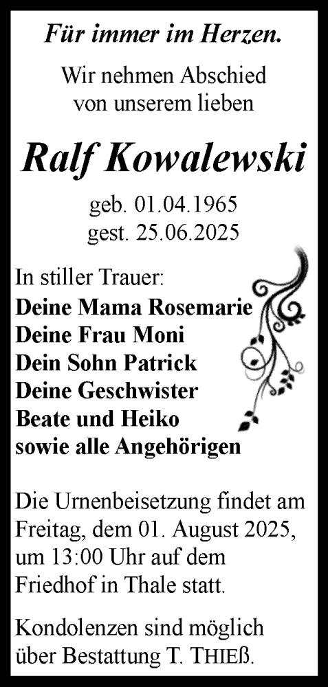 Traueranzeige von Ralf Kowalewski von Trauerkombi Quedlinburg