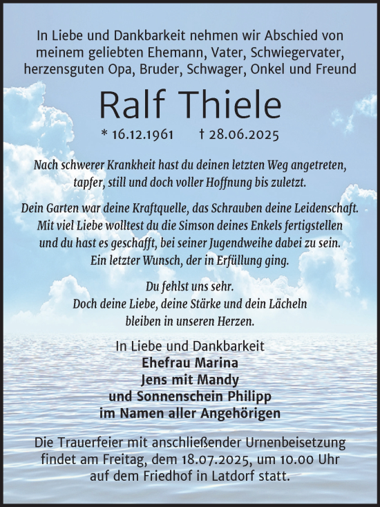 Traueranzeige von Ralf Thiele von Trauerkombi Bernburg