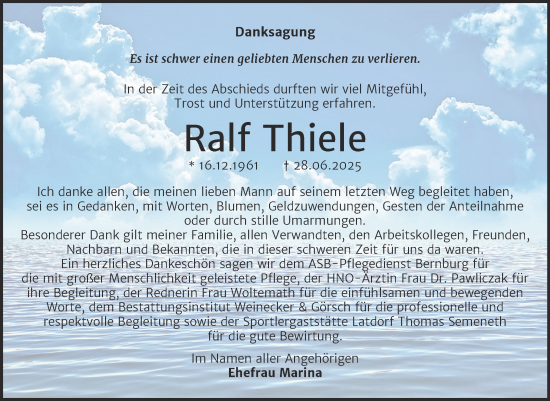 Traueranzeige von Ralf Thiele von Trauerkombi Bernburg