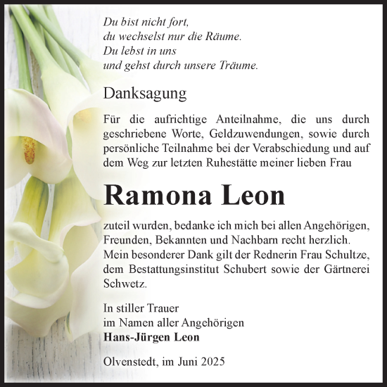 Traueranzeige von Ramona Leon von Volksstimme Magdeburg