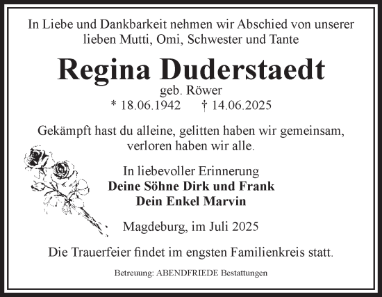 Traueranzeige von Regina Duderstaedt von Volksstimme Magdeburg