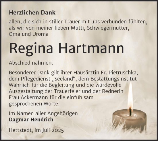 Traueranzeige von Regina Hartmann von Trauerkombi Mansfelder Land