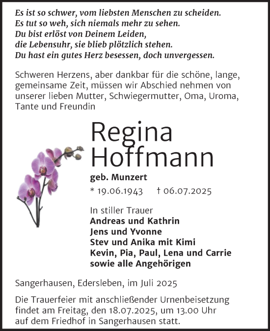 Traueranzeige von Regina Hoffmann von Trauerkombi Sangerhausen