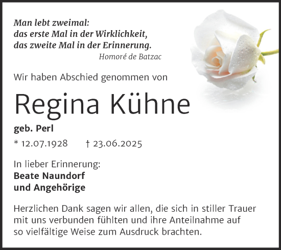 Traueranzeige von Regina Kühne von Trauerkombi Sangerhausen