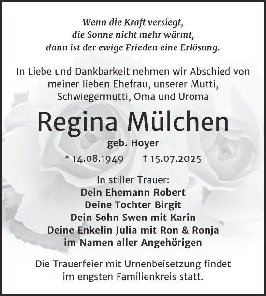 Traueranzeige von Regina Mülchen von Trauerkombi Bitterfeld