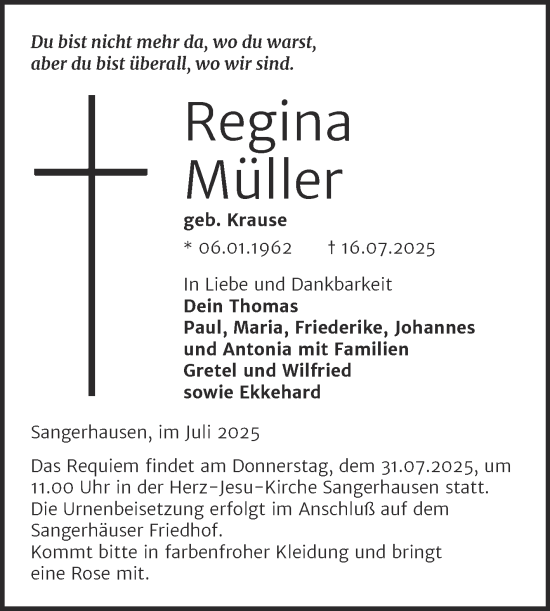 Traueranzeige von Regina Müller von Trauerkombi Sangerhausen