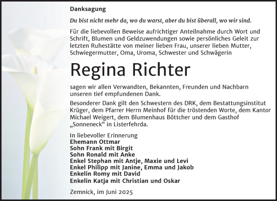 Traueranzeige von Regina Richter von Trauerkombi Wittenberg