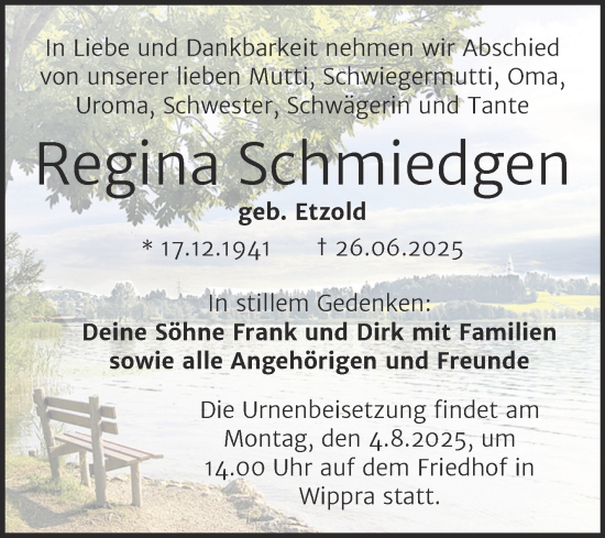 Traueranzeige von Regina Schmiedgen von Trauerkombi Mansfelder Land