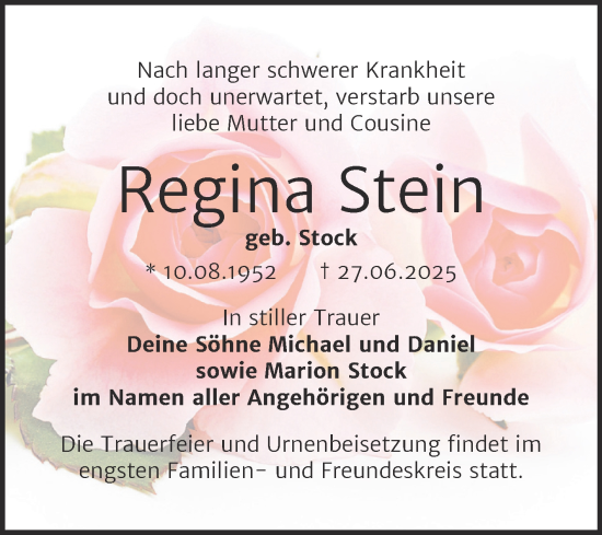 Traueranzeige von Regina Stein von Trauerkombi Bitterfeld
