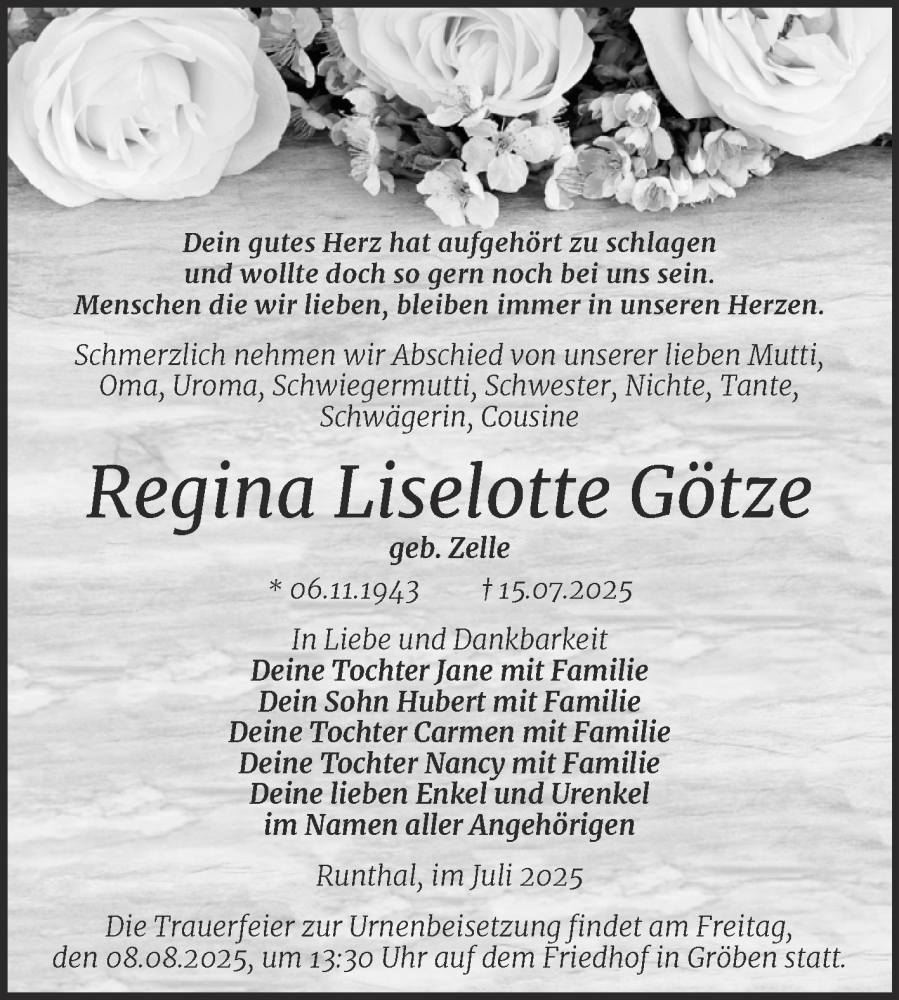  Traueranzeige für Regina Liselotte Götze vom 26.07.2025 aus Trauerkombi Weißenfels