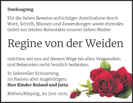 Traueranzeige von Regine von der Weiden von Trauerkombi Köthen