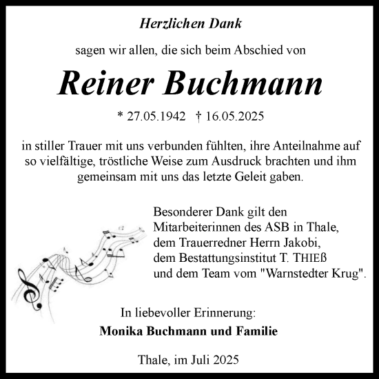 Traueranzeige von Reiner Buchmann von Trauerkombi Quedlinburg