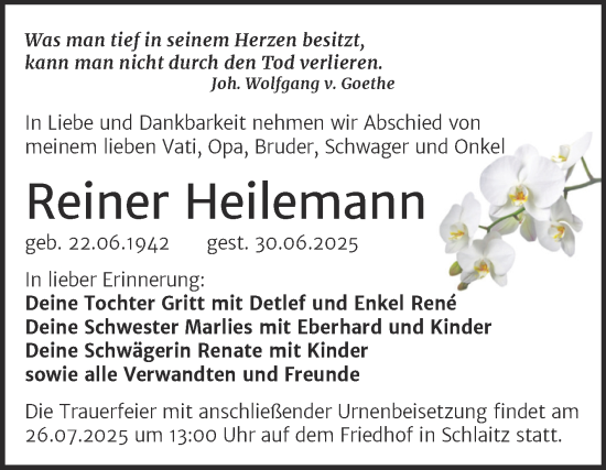 Traueranzeige von Reiner Heilemann von Trauerkombi Bitterfeld
