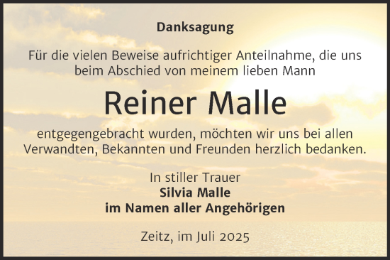 Traueranzeige von Reiner Malle von Trauerkombi Zeitz
