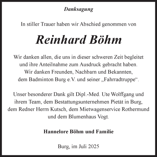 Traueranzeige von Reinhard Böhm 