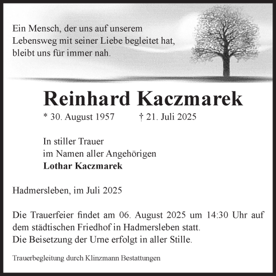 Traueranzeige von Reinhard Kaczmarek von Volksstimme Oschersleben/Wanzleben