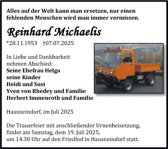 Traueranzeige von Reinhard Michaelis von Trauerkombi Quedlinburg