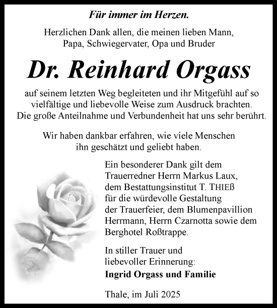 Traueranzeige von Reinhard Orgass von Trauerkombi Quedlinburg