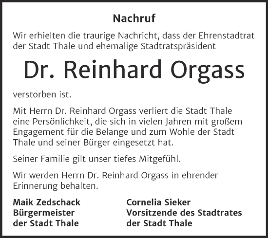 Traueranzeige von Reinhard Orgass von Mitteldeutsche Zeitung Quedlingburg
