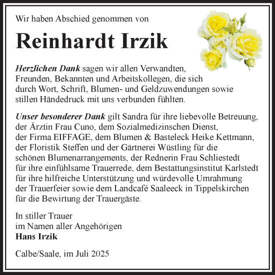 Traueranzeige von Reinhardt Irzik von Volksstimme Schönebeck