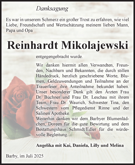 Traueranzeige von Reinhardt  Mikolajewski von Volksstimme Schönebeck