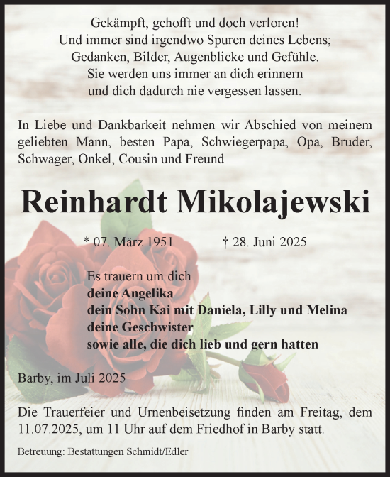 Traueranzeige von Reinhardt Mikolajewski von Volksstimme Schönebeck