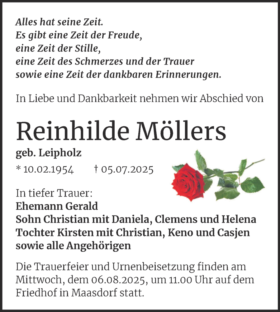  Traueranzeige für Reinhilde Möllers vom 19.07.2025 aus Trauerkombi Köthen