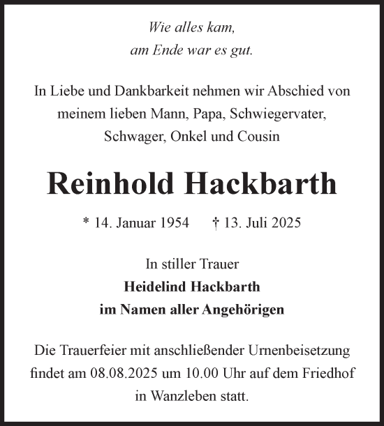 Traueranzeige von Reinhold Hackbarth von Volksstimme Oschersleben/Wanzleben