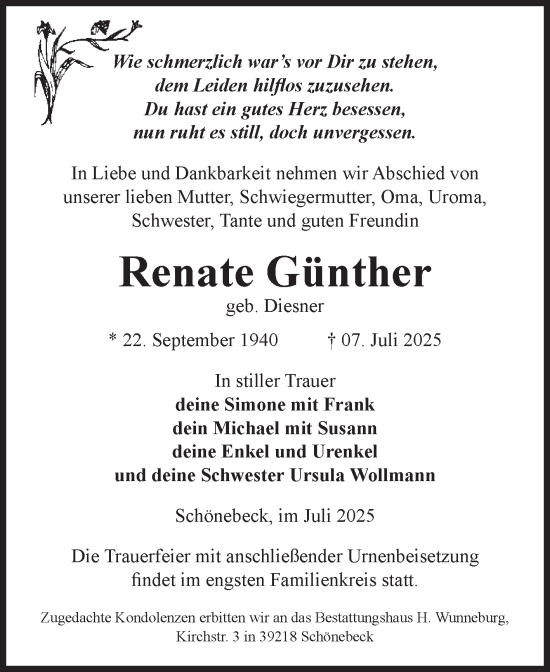 Traueranzeige von Renate Günther von Volksstimme Schönebeck