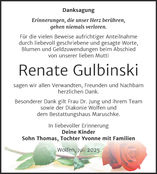 Traueranzeige von Renate Gulbinski von Trauerkombi Bitterfeld
