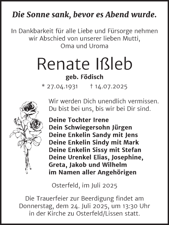 Traueranzeige von Renate Ißleb von Trauerkombi Zeitz