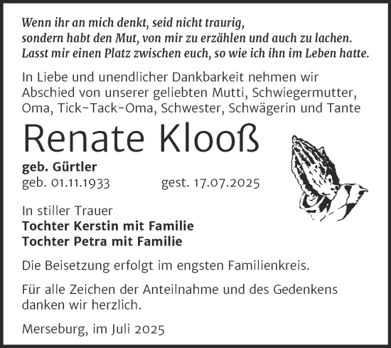 Traueranzeige von Renate Klooß von Trauerkombi Merseburg