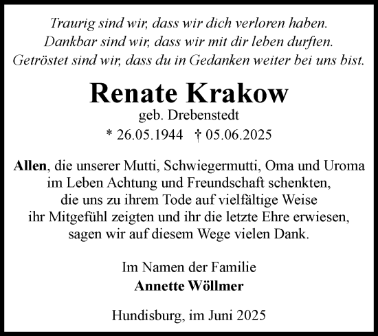 Traueranzeige von Renate Krakow von Volksstimme Haldensleben/Wolmirstedt