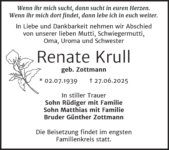 Traueranzeige von Renate Krull von Trauerkombi Mansfelder Land