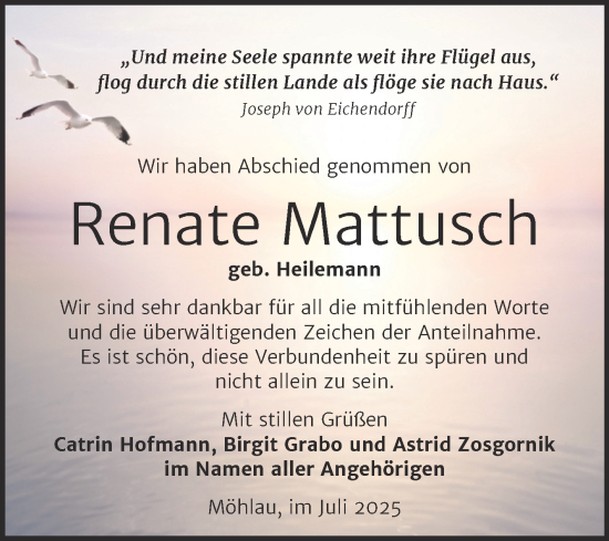 Traueranzeige von Renate Mattusch von Trauerkombi Wittenberg