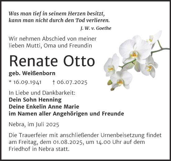 Traueranzeige von Renate Otto von Super Sonntag Naumburg/Nebra