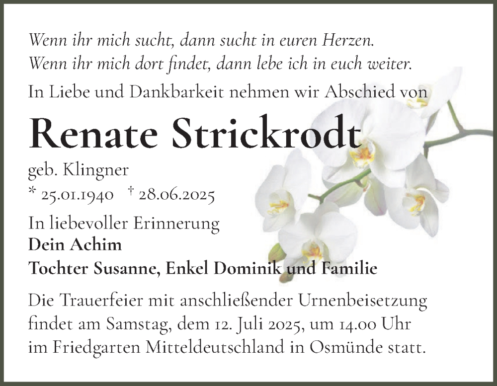  Traueranzeige für Renate Strickrodt vom 05.07.2025 aus Mitteldeutsche Zeitung Halle/Saalkreis