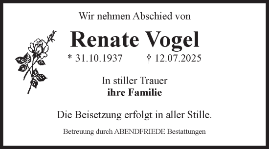 Traueranzeige von Renate Vogel von Volksstimme Haldensleben/Wolmirstedt