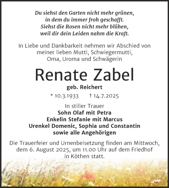 Traueranzeige von Renate Zabel von Trauerkombi Köthen
